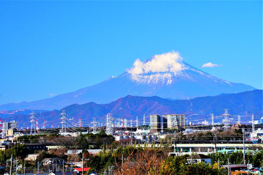 今朝の富士山　相鉄・いずみ野線「ヨコハマネイビーブルー」の車両と共に