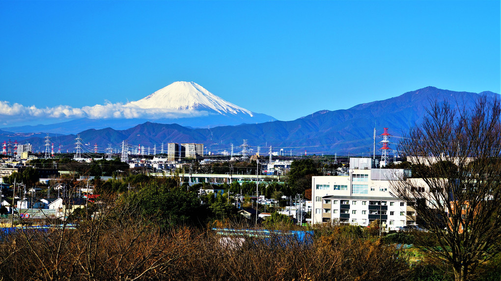 今朝の富士山　 空は限りなくブルー　北風で中腹に雲が流れています❣