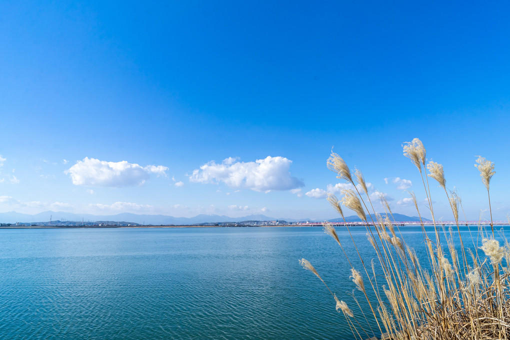 青空と揖斐長良川河口の景観