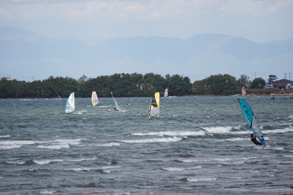 秋の琵琶湖でウインドサーフィン