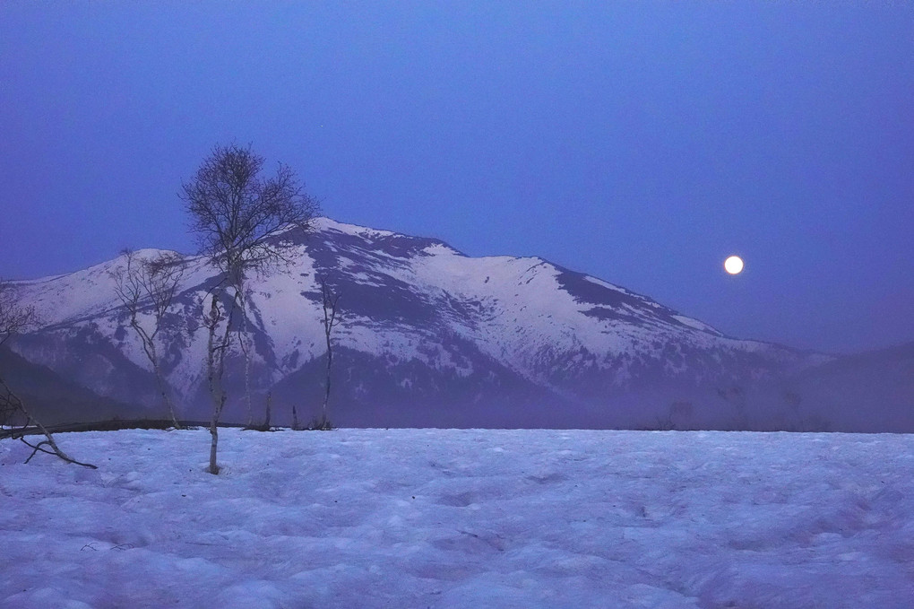 早春、月明かりに照らされ朝を待つ至仏山、雪景色の尾瀬ヶ原。