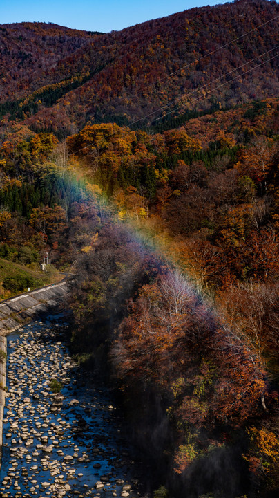 秋の山々にかかる虹橋