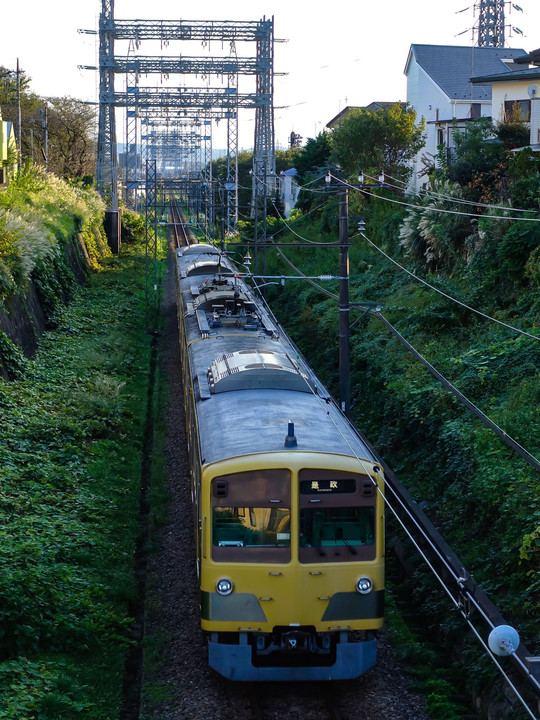 巨大な門型の鉄塔と西武鉄道新101系