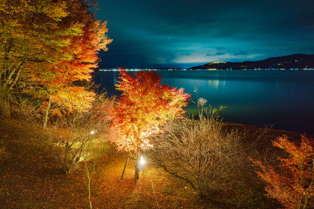 山中湖夕焼けの渚・紅葉祭りライトアップ
