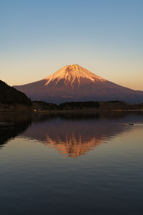 夕暮れ時の富士とその後の飛行機雲（田貫湖）