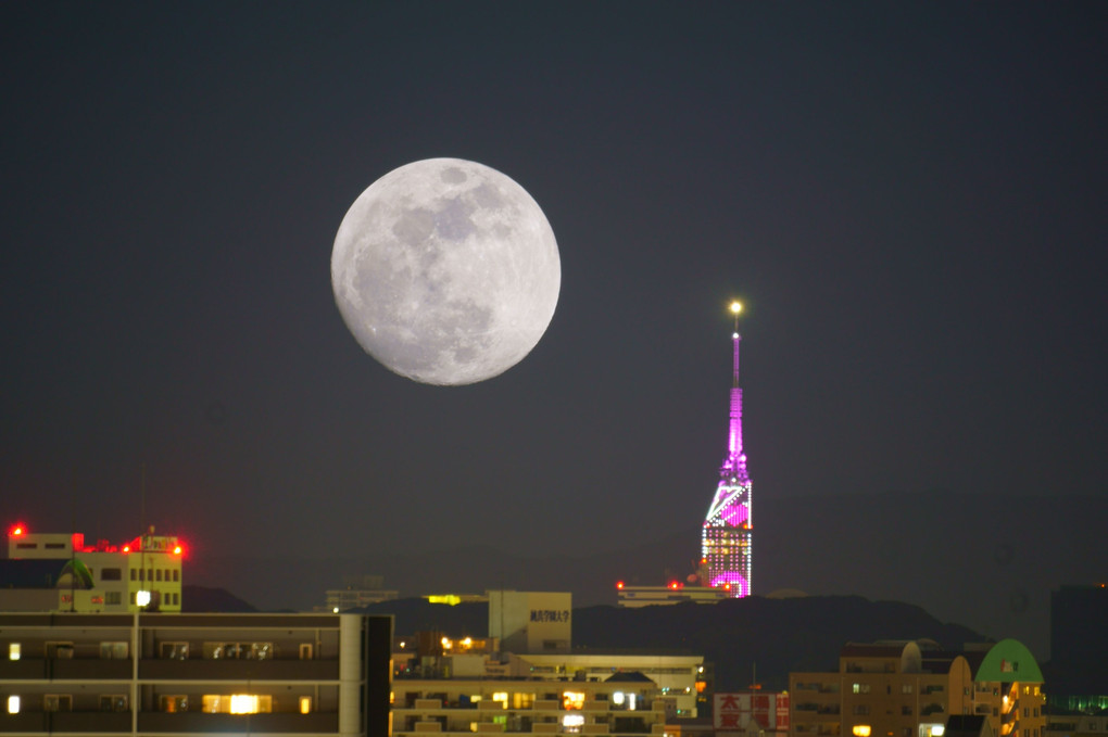 バレンタイン福岡タワーと満月