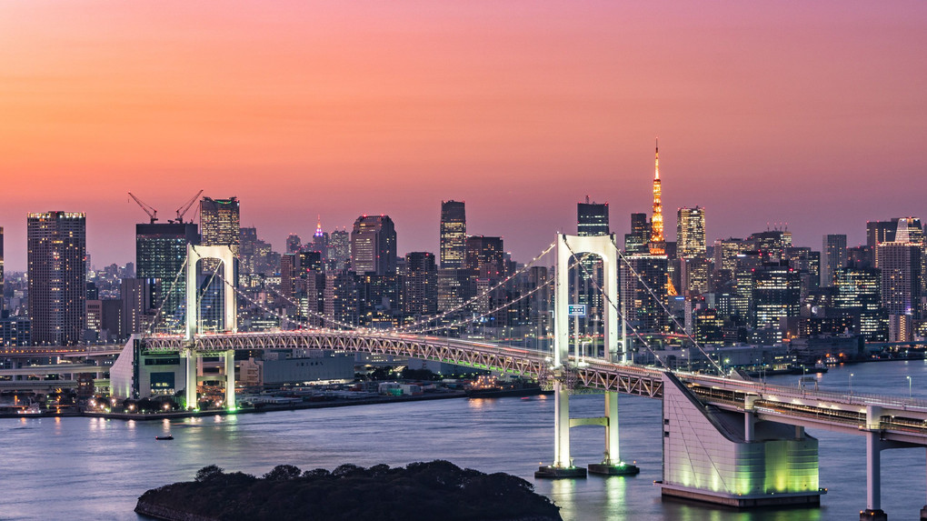 お台場夕景　東京タワー・レインボーブリッジ・富士山そろい踏み