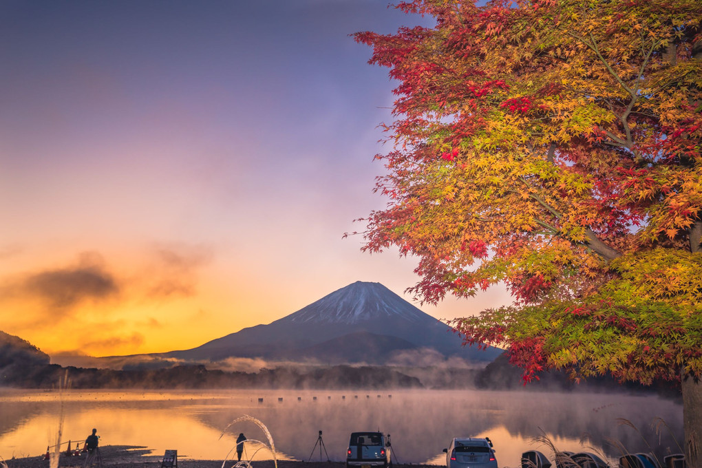 精進湖　富士、星、日の出、紅葉そして毛嵐