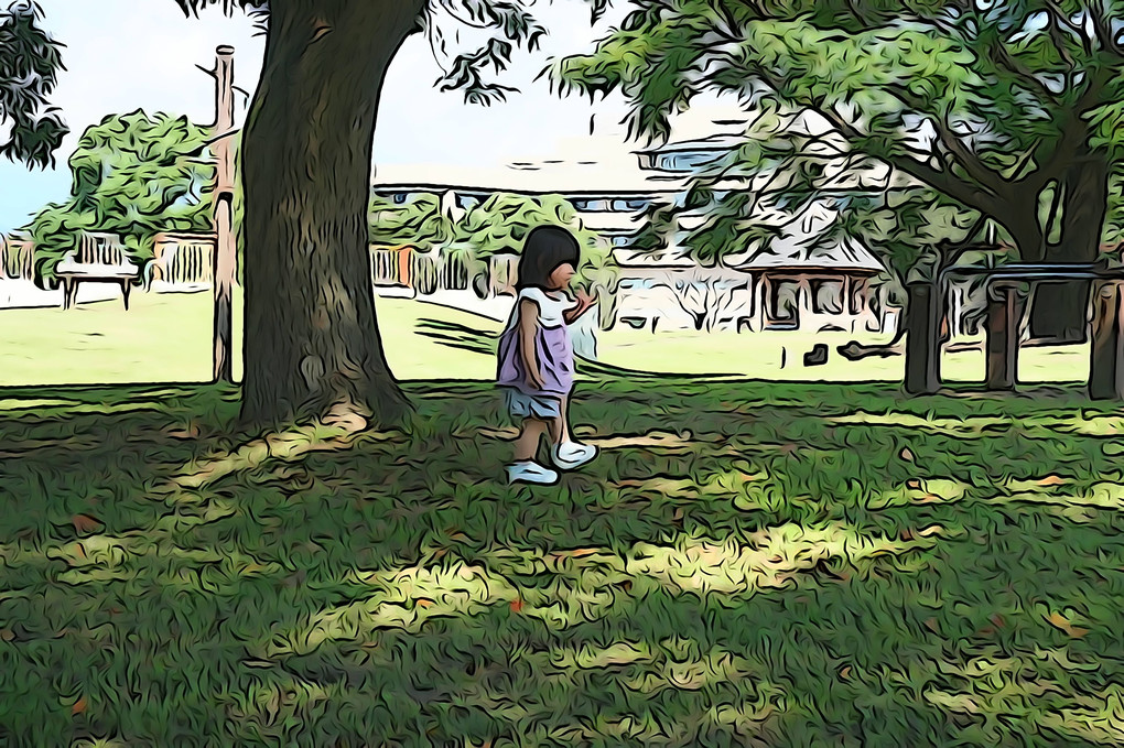 公園にたたずむ幼き娘（イラスト風）