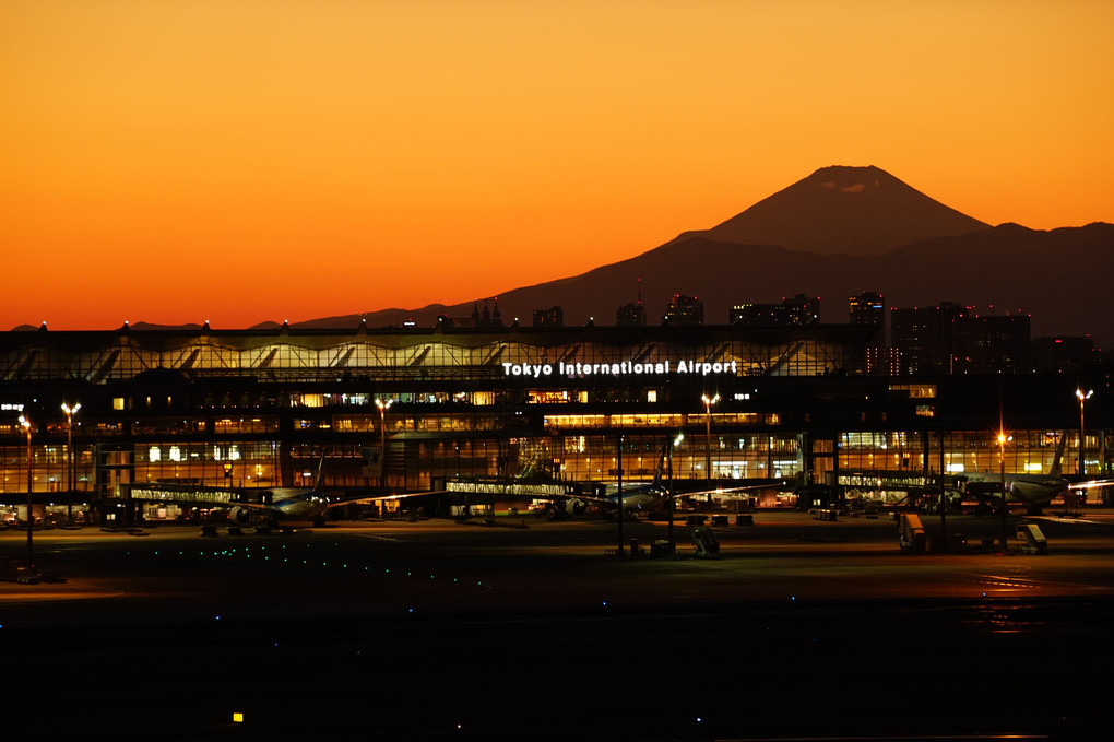 夕方の羽田空港国際線ターミナルと富士山