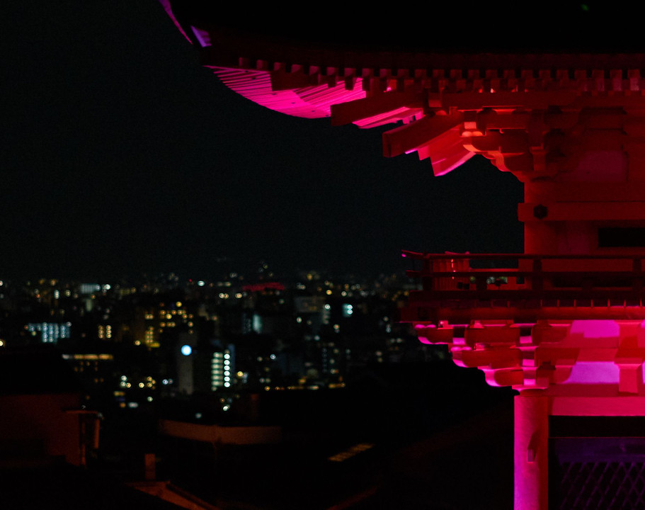 躑躅色の山門と京都の夜景