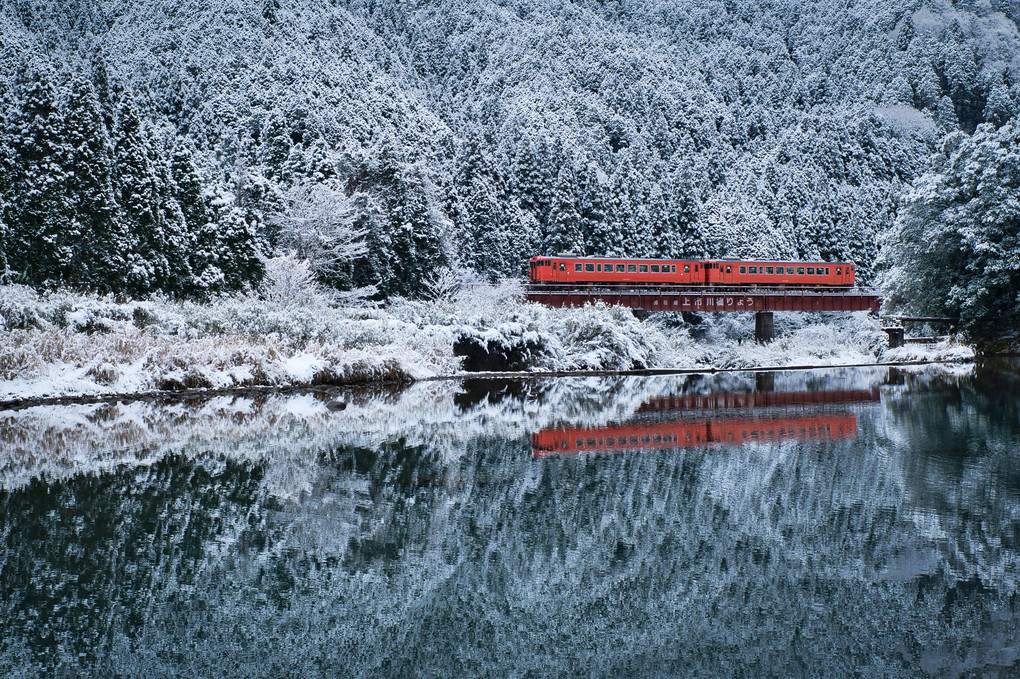 雪の中を駆け抜けるタラコ列車