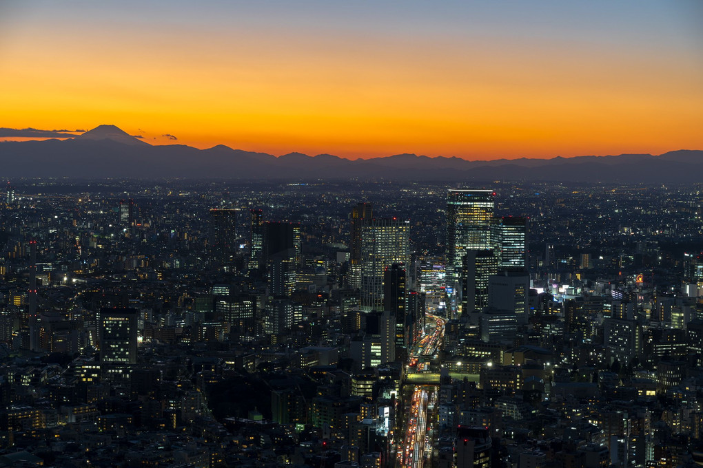夕焼けに染まる富士山と渋谷の街