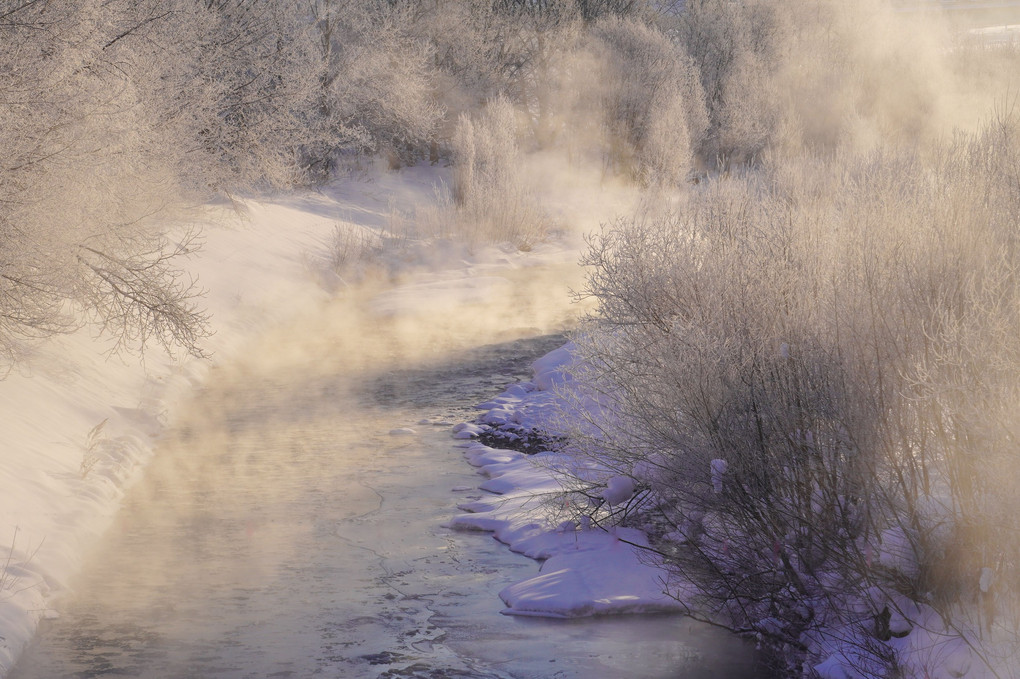 極寒の川霧