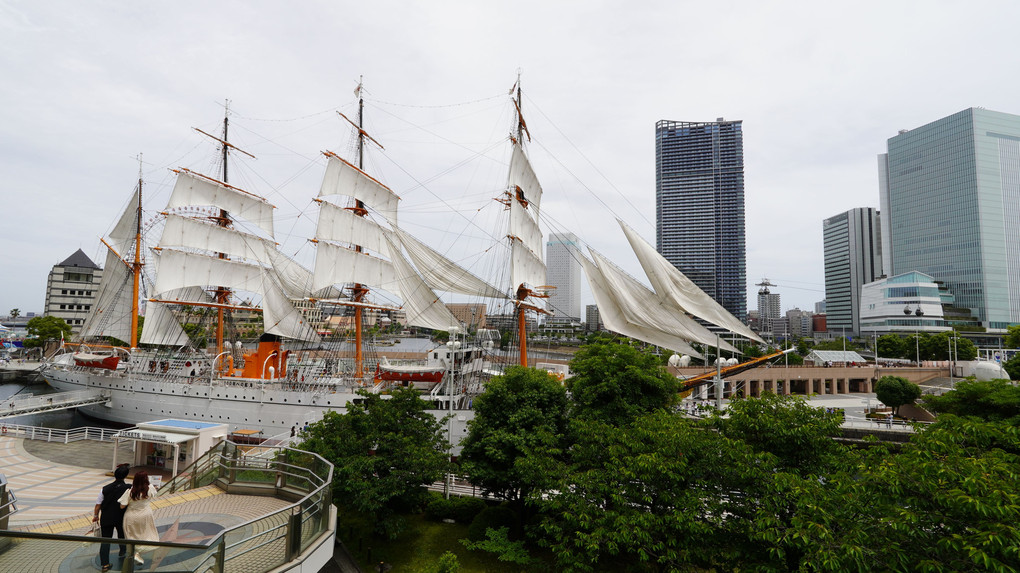 帆を広げた帆船日本丸のある横浜の風景