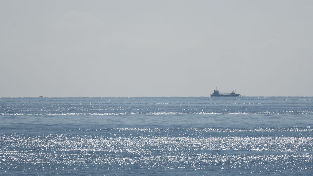 キラキラの海に貨物船