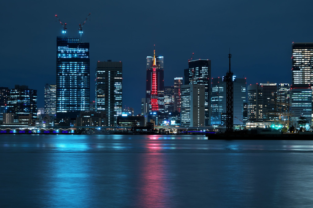 夜の東京タワーとビル群