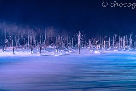 吹雪の夜に、凍える青い池