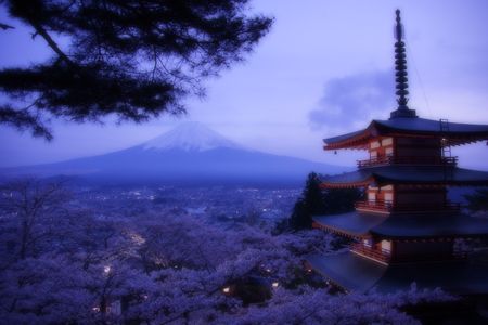 聳える富士と塔