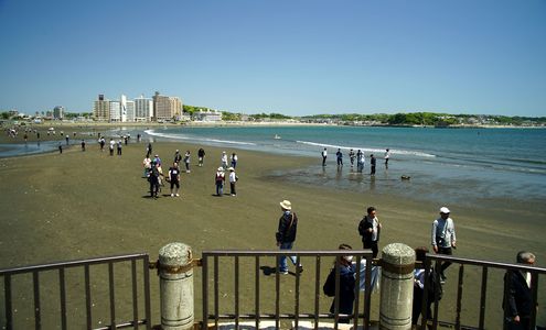 江の島トンボロ：砂浜を歩いて渡る