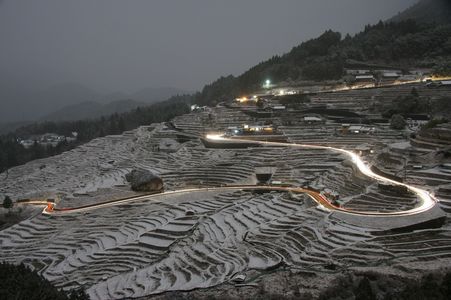 月光下の雪の千枚田