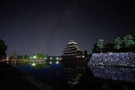深夜の松本城と天の川