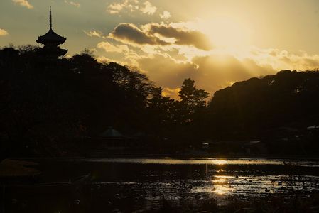 夕日に浮かび上がる三重の塔