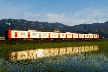 水田への電車と夕陽のリフレクション