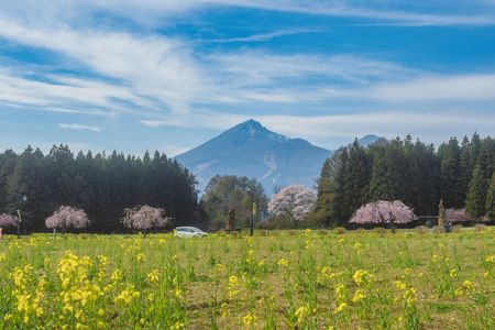 春の風景と磐梯山