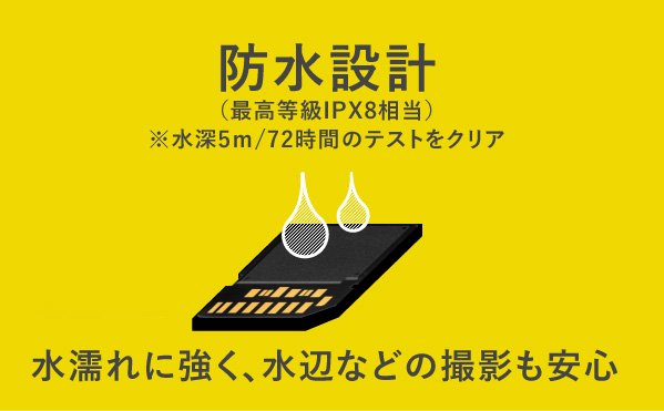防水設計（最高等級IPX8相当）※水深5m/72時間のテストをクリア - 水濡れに強く、水辺などの撮影も安心