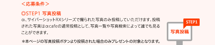 ＜応募条件＞◎STEP1 写真投稿α、サイバーショットRXシリーズで撮られた写真のみ投稿していただけます。投稿された写真はαcafeの通常投稿として、写真一覧や写真検索によって誰でも見ることができます。＊本ページの写真投稿ボタンより投稿された場合のみプレゼントの対象となります。
