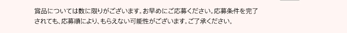 賞品については数に限りがございます。お早めにご応募ください。応募条件を完了されても、応募順により、もらえない可能性がございます。ご了承ください。