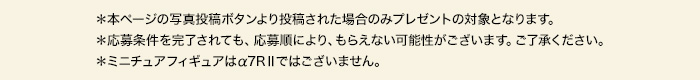 ＊本ページの写真投稿ボタンより投稿された場合のみプレゼントの対象となります。＊応募条件を完了されても、応募順により、もらえない可能性がございます。ご了承ください。＊ミニチュアフィギュアはα7RⅡではございません。